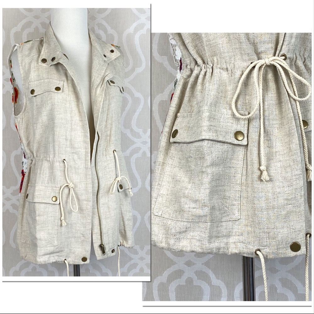 Floral Lace & Linen Military Style Vest - Picture 7 of 8